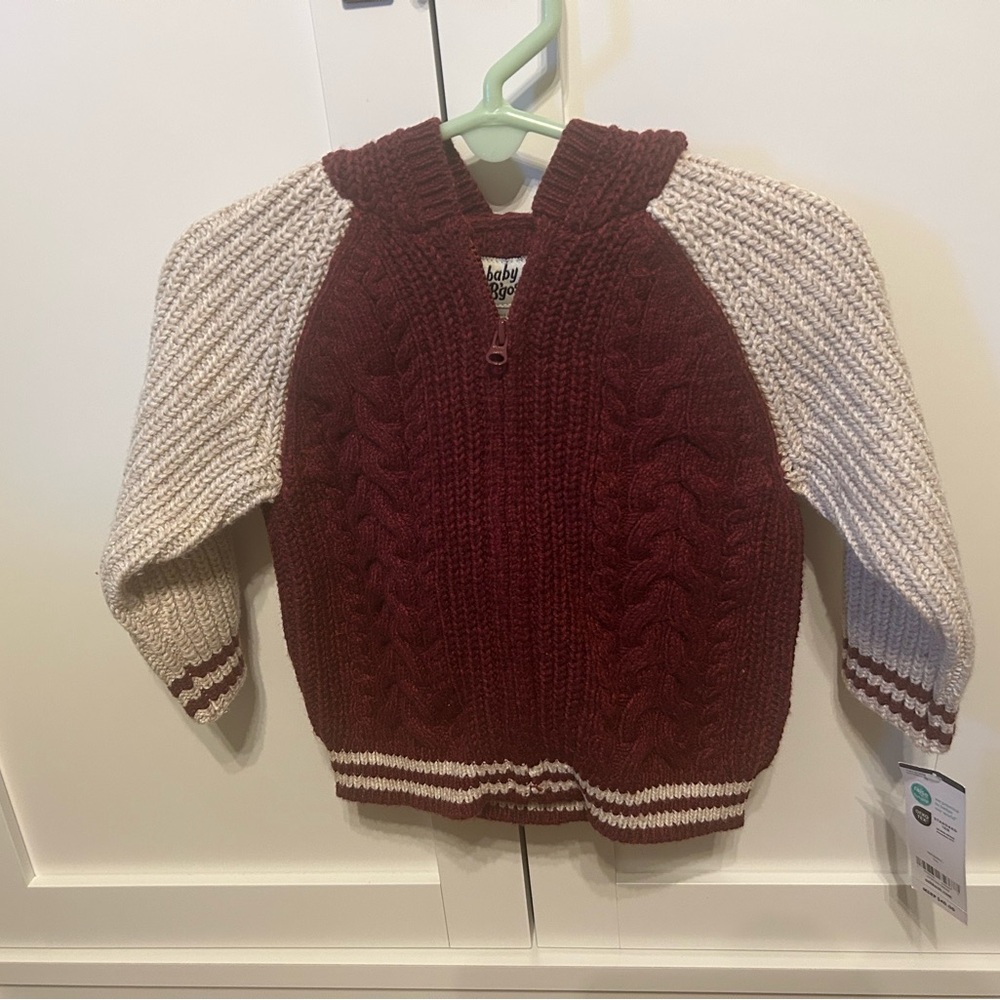 New! Oshkosh 9 Month Baby Boy Burgundy and Cream Zip Sweater